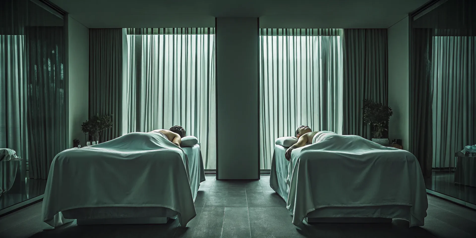 A couple receiving a side-by-side deep tissue couples massage.