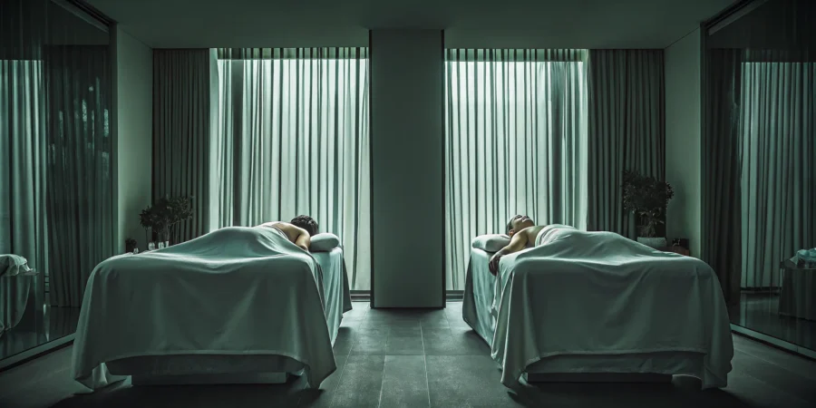 A couple receiving a side-by-side deep tissue couples massage.