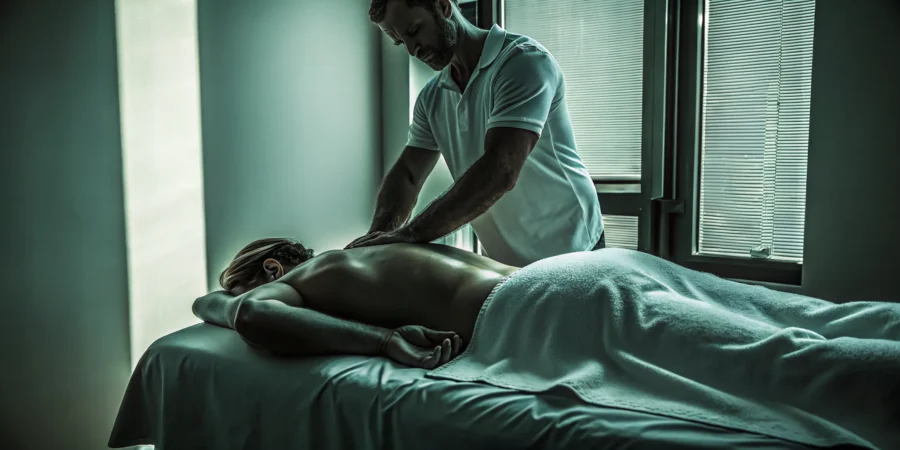 Therapist performing focused deep tissue bodywork