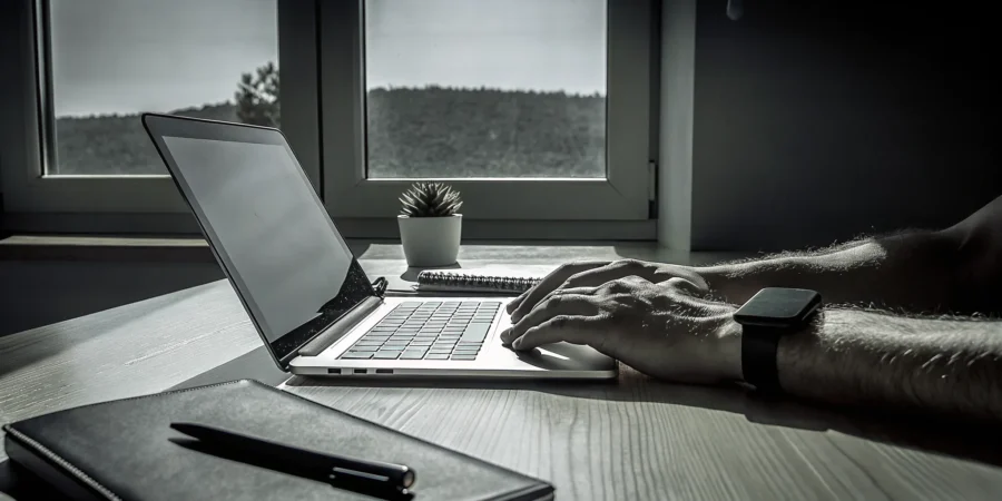 Hands typing on a laptop to enroll in a deep tissue massage course.