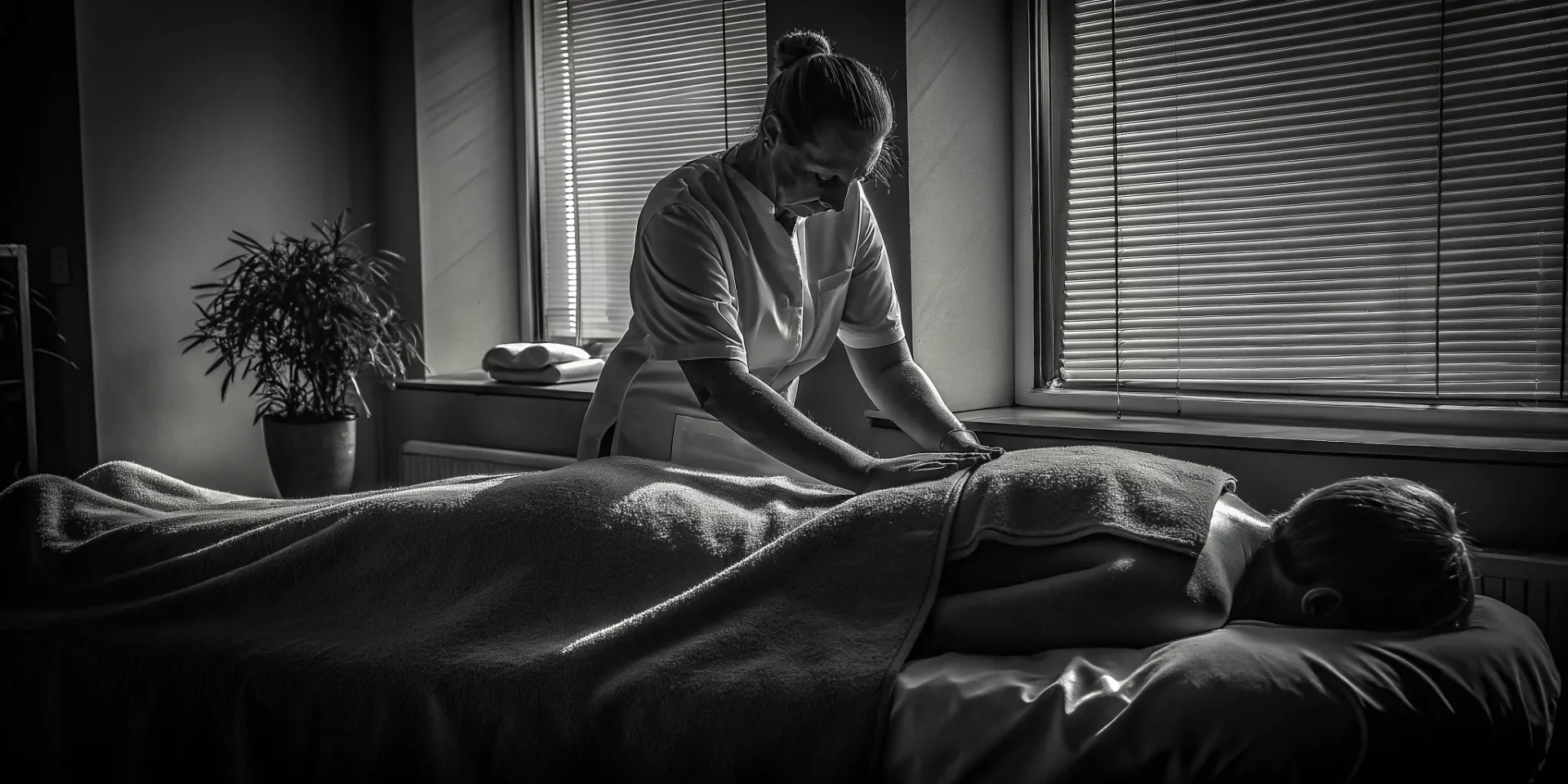 Professional massage therapist providing therapeutic bodywork in a clinical setting