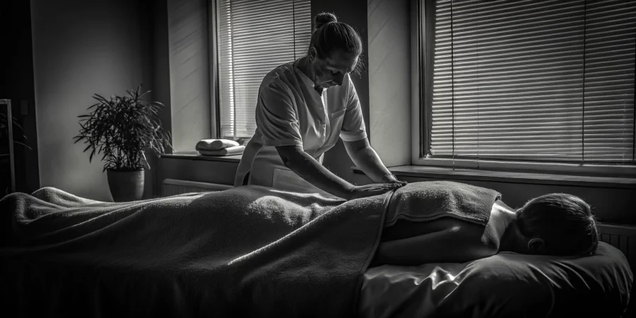 Professional massage therapist providing therapeutic bodywork in a clinical setting