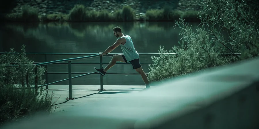Austin runner stretching outdoors near Lady Bird Lake trail during golden hour, focused on recovery and mobility