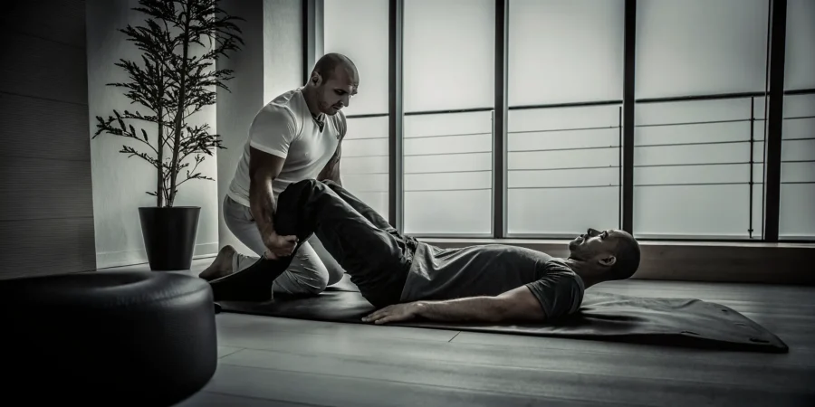 Strength trainee receiving therapeutic bodywork after a workout