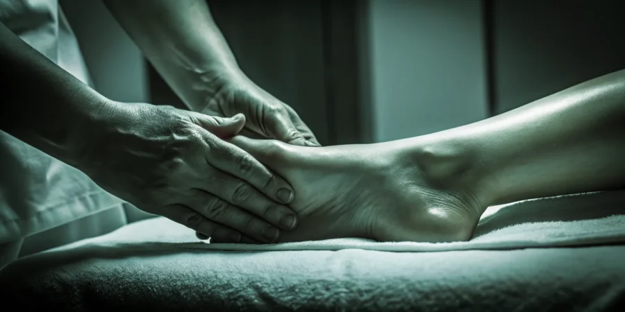 Therapist applying therapeutic bodywork to a client's foot and arch for plantar fasciitis relief