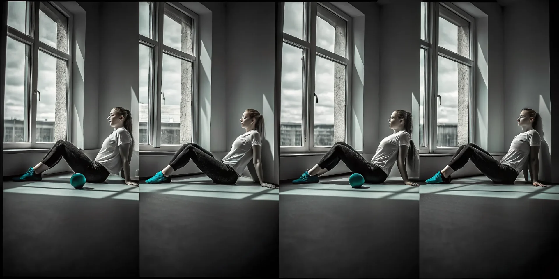 Woman performing myofascial release for a shoulder injury with a massage ball.