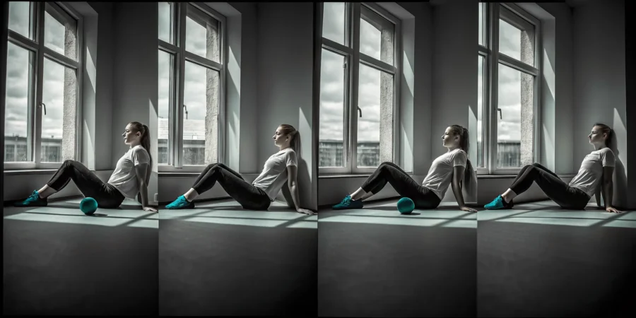 Woman performing myofascial release for a shoulder injury with a massage ball.