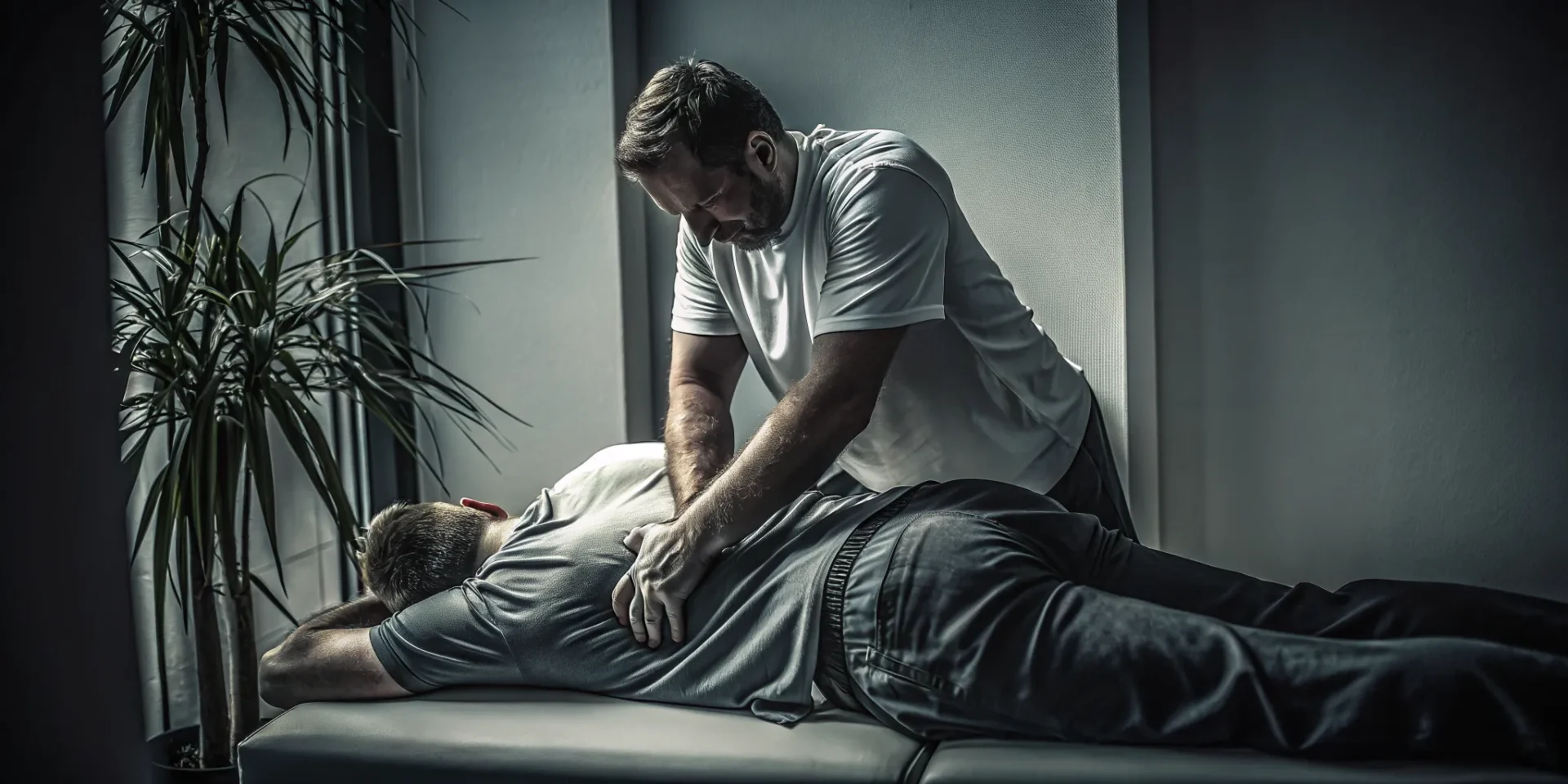 Therapist performing fascia-first therapeutic bodywork on a client's upper back and shoulders for posture correction