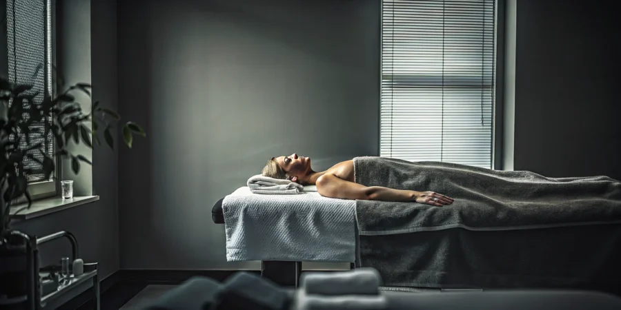 Person relaxing on a massage table in a calm therapeutic studio preparing for a deep tissue session