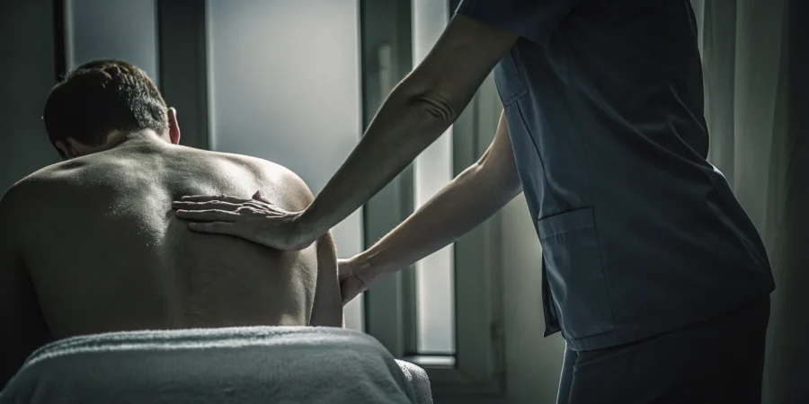 Massage treatment for a shoulder separation being applied by a therapist to the injured area.