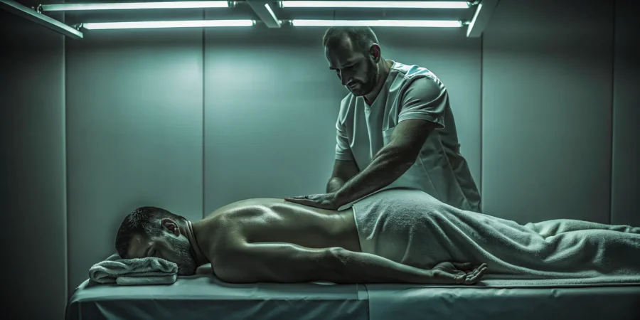 Therapist performing therapeutic deep tissue bodywork on an athlete's upper back in a clean Austin treatment studio