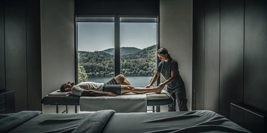 Sports recovery massage in Tarrytown with a therapist treating an athlete's legs.