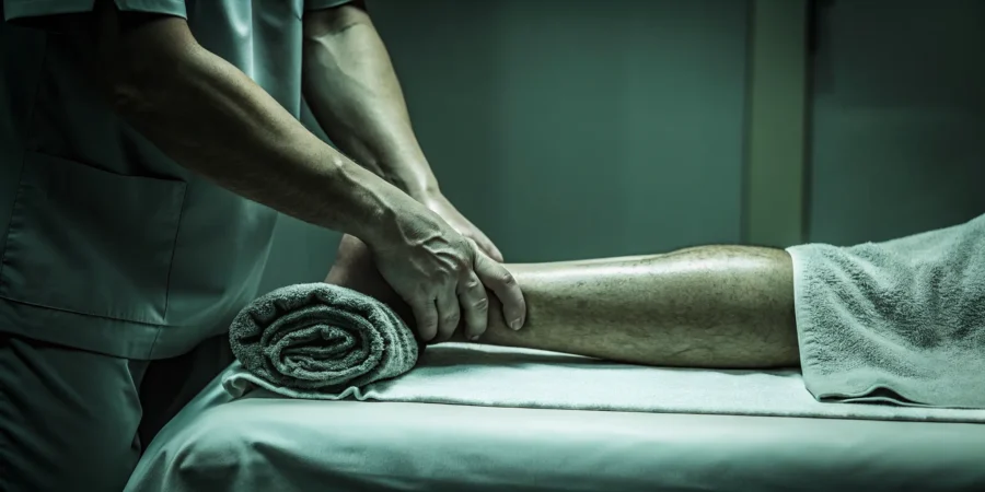 Massage treatment for tarsal tunnel syndrome on the lower leg and foot.