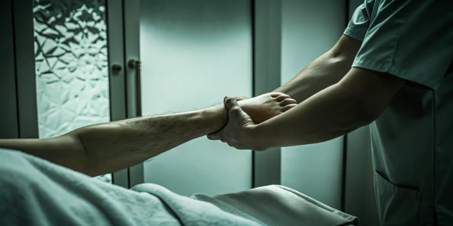Tendon release massage on a forearm to relieve pain from tendonitis.