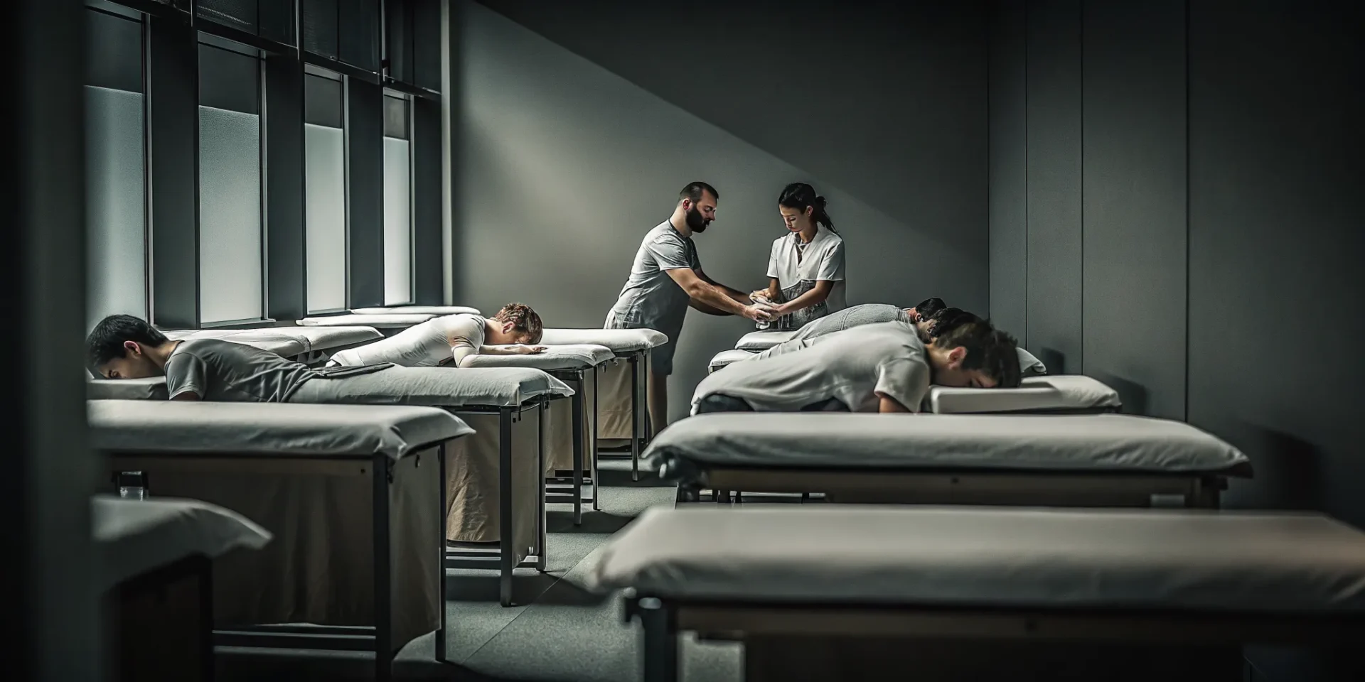 Massage therapy students practicing hands-on techniques in a professional training classroom