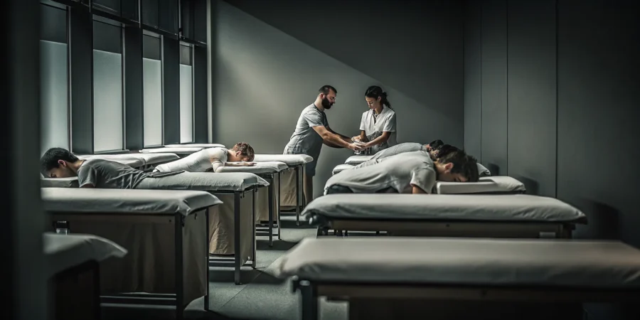 Massage therapy students practicing hands-on techniques in a professional training classroom